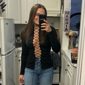 Lori BLACK CRYSTALLISED LACE UP TOP